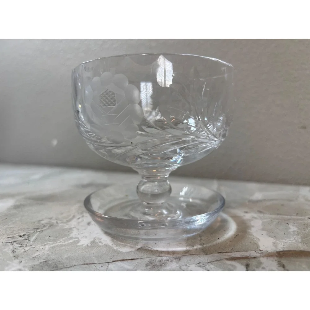 Vintage Etched Crystal‎ Footed Dessert Bowl Frosted Rose Floral Pedestal Glass